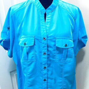 Womens 16/18 Laura Scott Powder Blue Button Blouse Roll-Up Sleeves 100%Polyester
